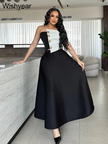 Saashi Elegant Black and White Strapless Top with High-Waist A-Line Skirt Two-Piece Set