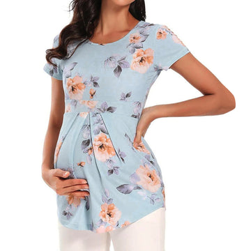 Saashi Women's Floral Print Short Sleeve Maternity & Breastfeeding Top, Double Layer Design