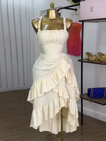 Saashi Strap Slash Neck Maxi Dress for Women with Ruffles Drawstring Ruched Detail Evening Outfit