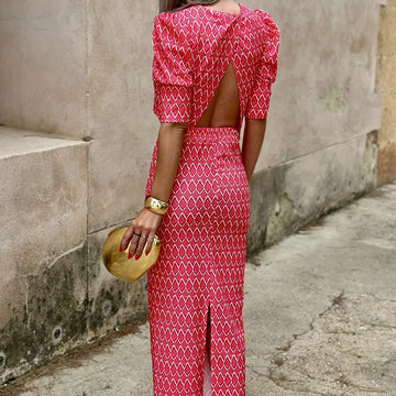 Saashi Chic Geometry Print Puff Sleeve Top and Backless Slit Skirt Two-Piece Evening Set