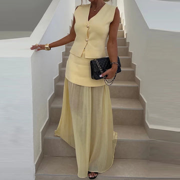 Saashi Elegant Patchwork Knitted Two-Piece Set with Buttoned V-Neck Vest and Long Skirt
