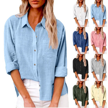 Saashi Cotton Linen Long Sleeve Shirt for Women Solid Color Casual Elegant Streetwear Top
