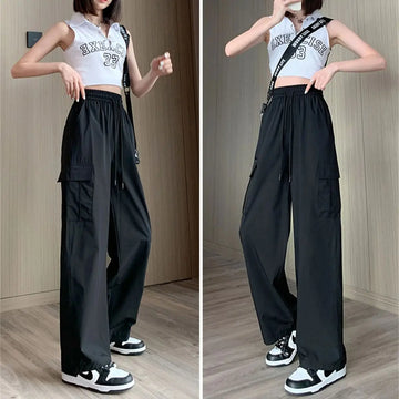 Saashi High Waist Baggy Cargo Pants for Women Wide Leg Vintage Elastic Streetwear Trousers