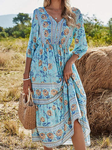 Saashi Boho Long Cotton V-Neck Dress with Half Sleeves, High Waist Beach Style