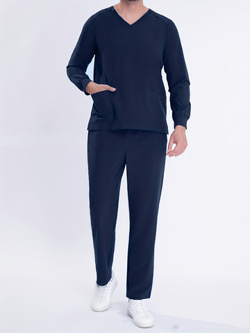SAASHI Men's Navy Blue Workwear Set - V-neck Long Sleeve Shirt & Pants