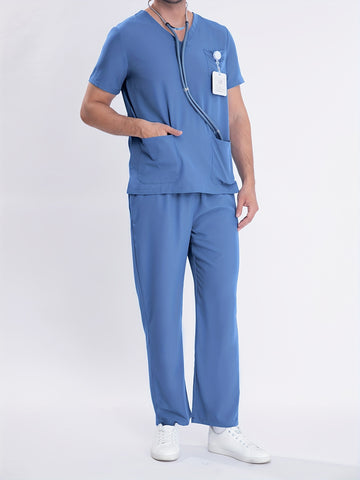 SAASHI Men's Bright Sky Blue Workwear Set - V-neck Shirt & Pants Combo