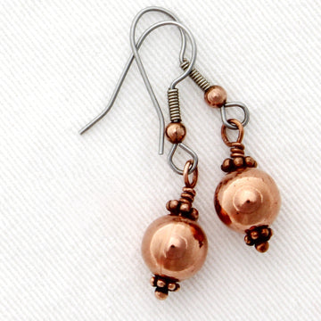 Saashi Copper Bauble Drop Earrings - 9mm Round Ornate Beads