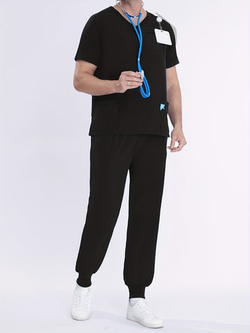 SAASHI Men's Black Utility Workwear Set - Breathable V-neck Top & Joggers
