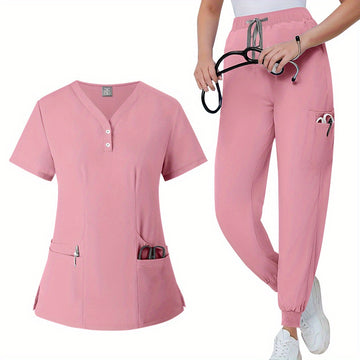 SAASHI Pink Women's Summer Workwear Set - V-Neck Top & Pants Outfit