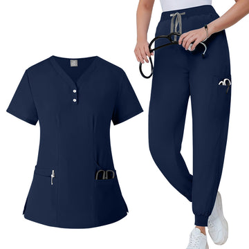 SAASHI Navy Blue Women's Summer Workwear Set - V-Neck Top & Pants Outfit
