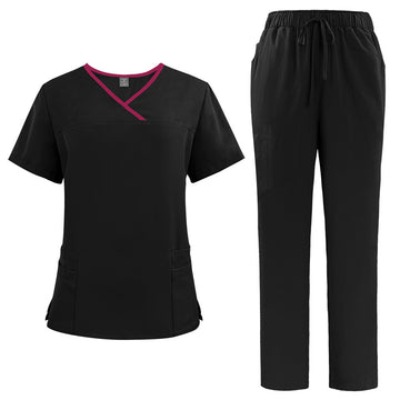 SAASHI Professional Black Medical V-neck Scrub Set - Breathable, Unisex, Available in Sizes