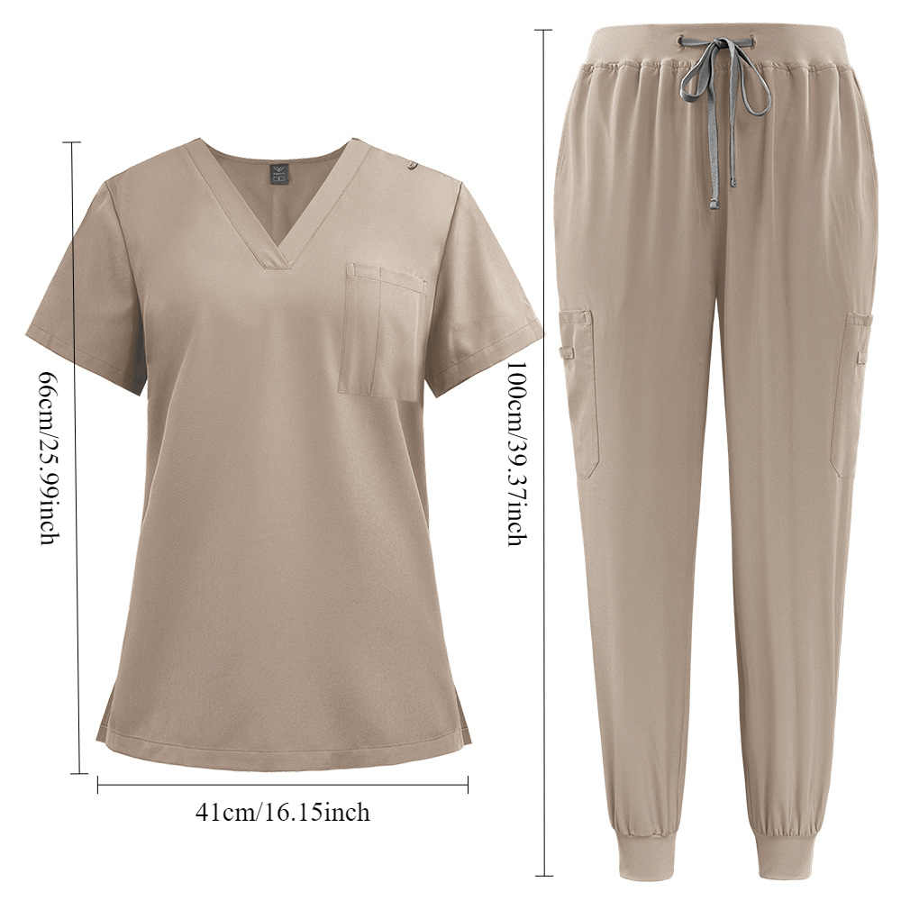 SAASHI Unisex Khaki V-Neck Scrub Set - Stretchy Medical Workwear with Drawstring