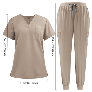 SAASHI Unisex Khaki V-Neck Scrub Set - Stretchy Medical Workwear with Drawstring