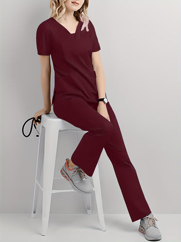SAASHI Burgundy Casual Scrub Set - V Neck Short Sleeve Top & Pants
