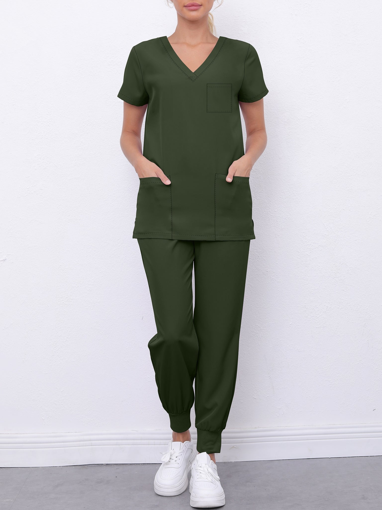 SAASHI Solid Army Green Color Scrub Set - V-Neck Top & Elastic Bottoms