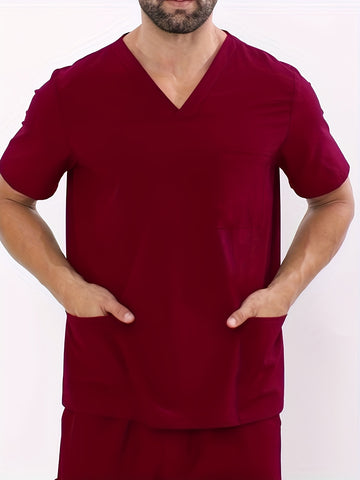 SAASHI Men's Burgundy Multi-Pocket  V-neck Workwear Set - Breathable Short Sleeve Shirt & Pants