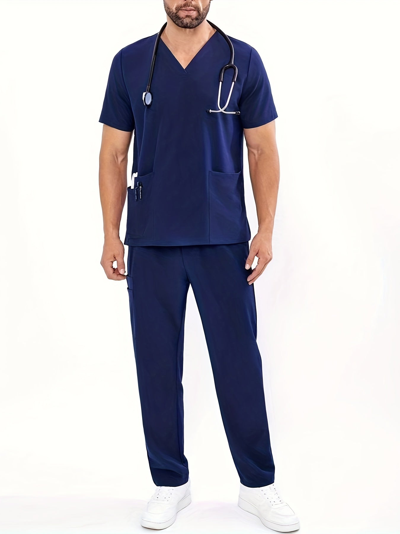 SAASHI Men's Navy Blue Summer Multi-Pocket V-neck Workwear Set - Loose Fit Overalls