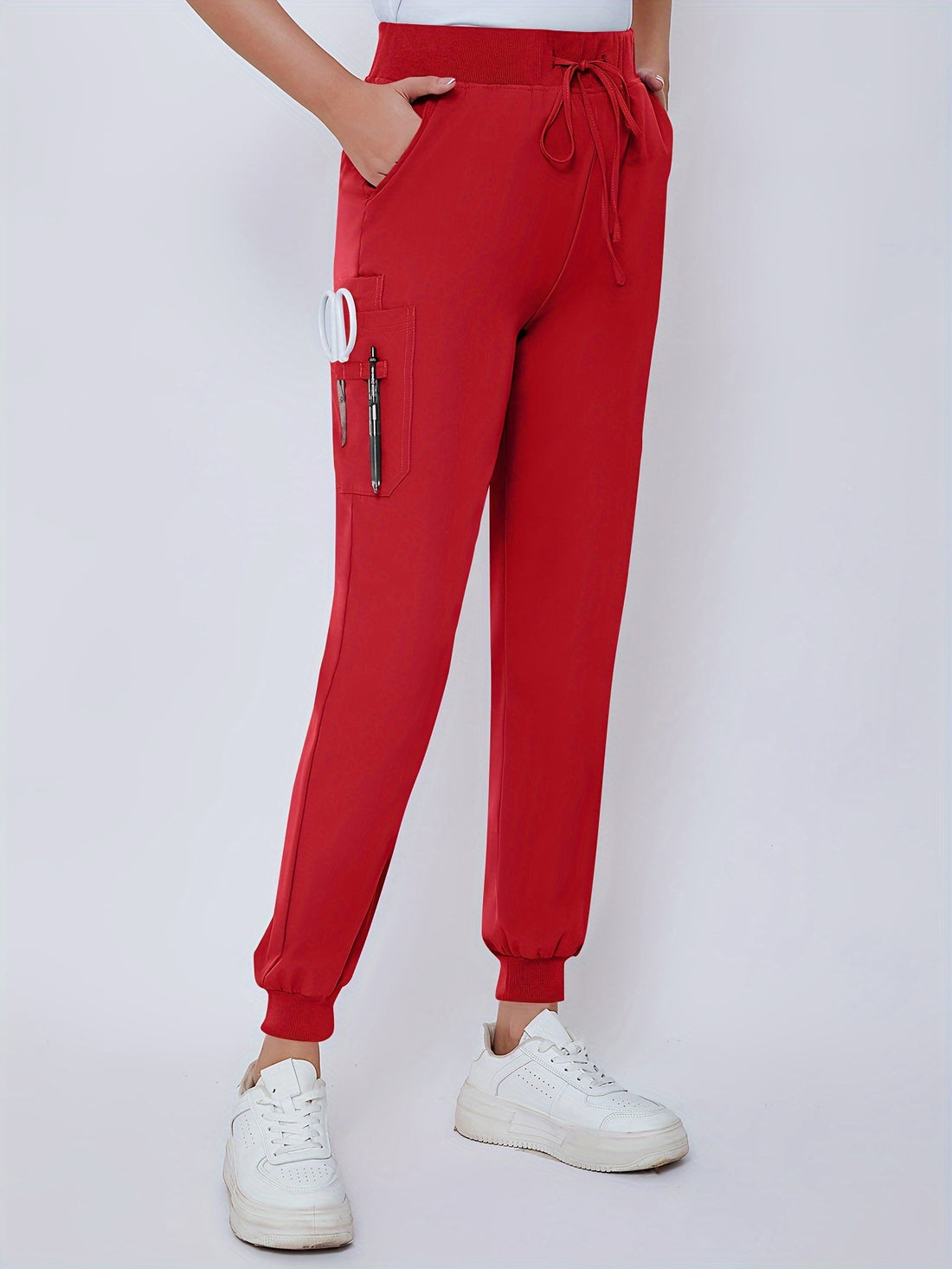 SAASHI Rose Red Solid Scrub Set - V Neck Zipper Top & Drawstring Pants