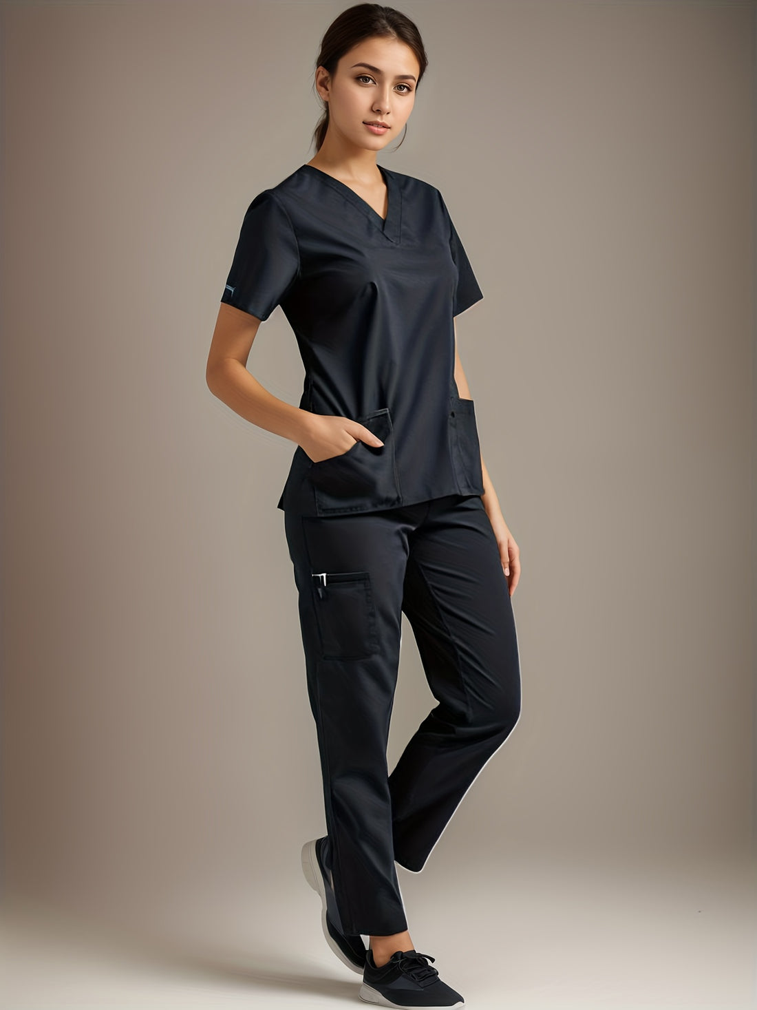 SAASHI Two-Piece Black Uniform Set - V Neck, Pockets, Micro Elastic Fabric