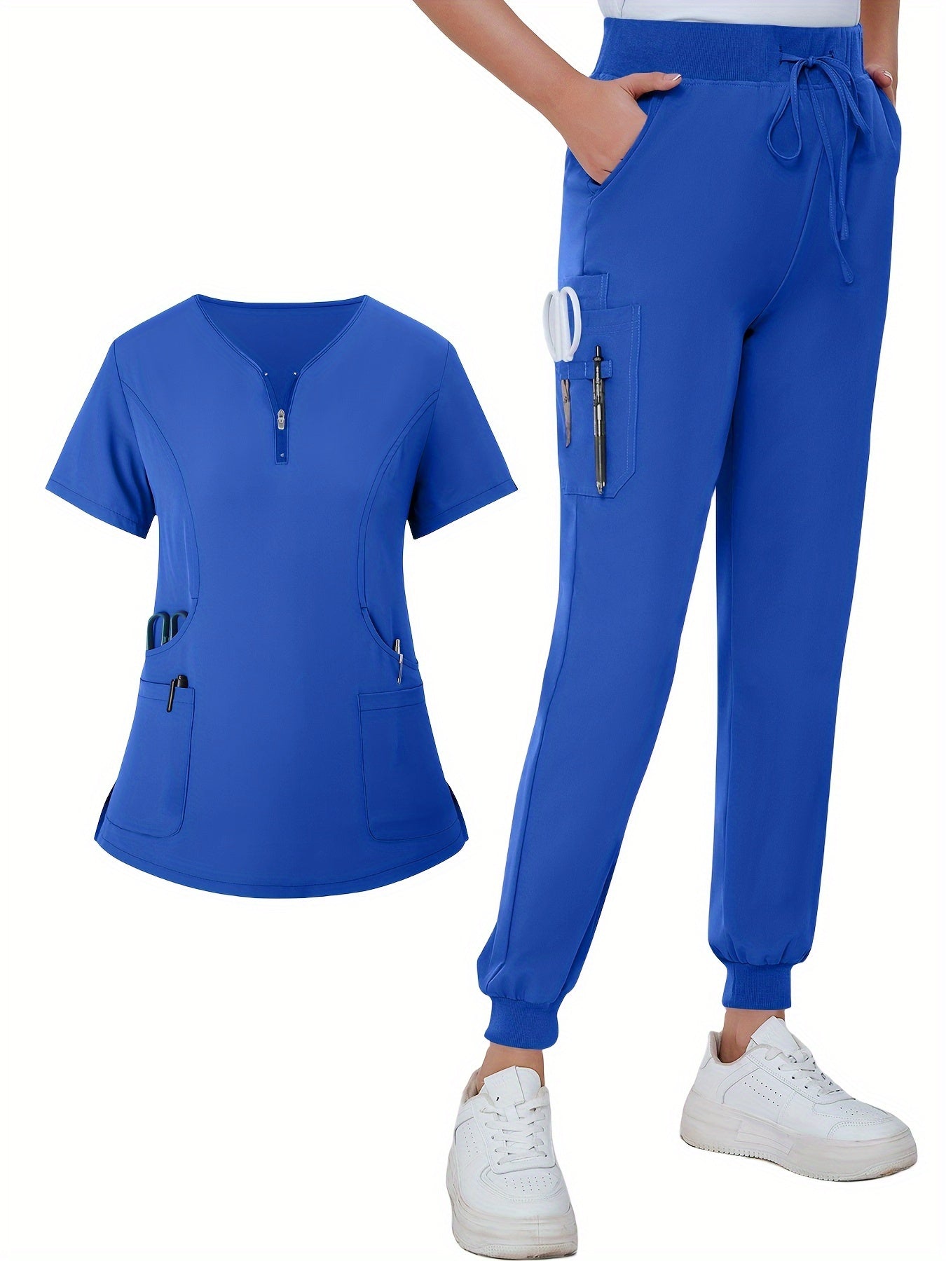 SAASHI Royal Blue Solid Scrub Set - V Neck Zipper Top & Drawstring Pants