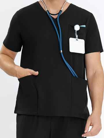 SAASHI Men's Black Short Sleeve V-neck Stretch Workwear Top with Pocket