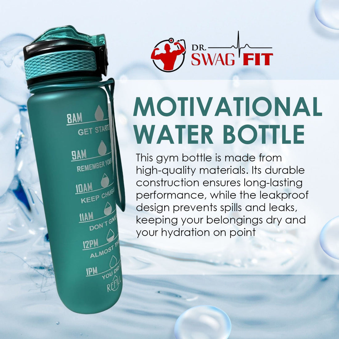 Dr. SwagFit Motivational Water Bottle, Time Marker Water Bottle, Premium Leakproof Design with Straw, Bpa-Free Thick and Durable Buckle Strap Water Bottle, Perfect for Workouts and Hiking