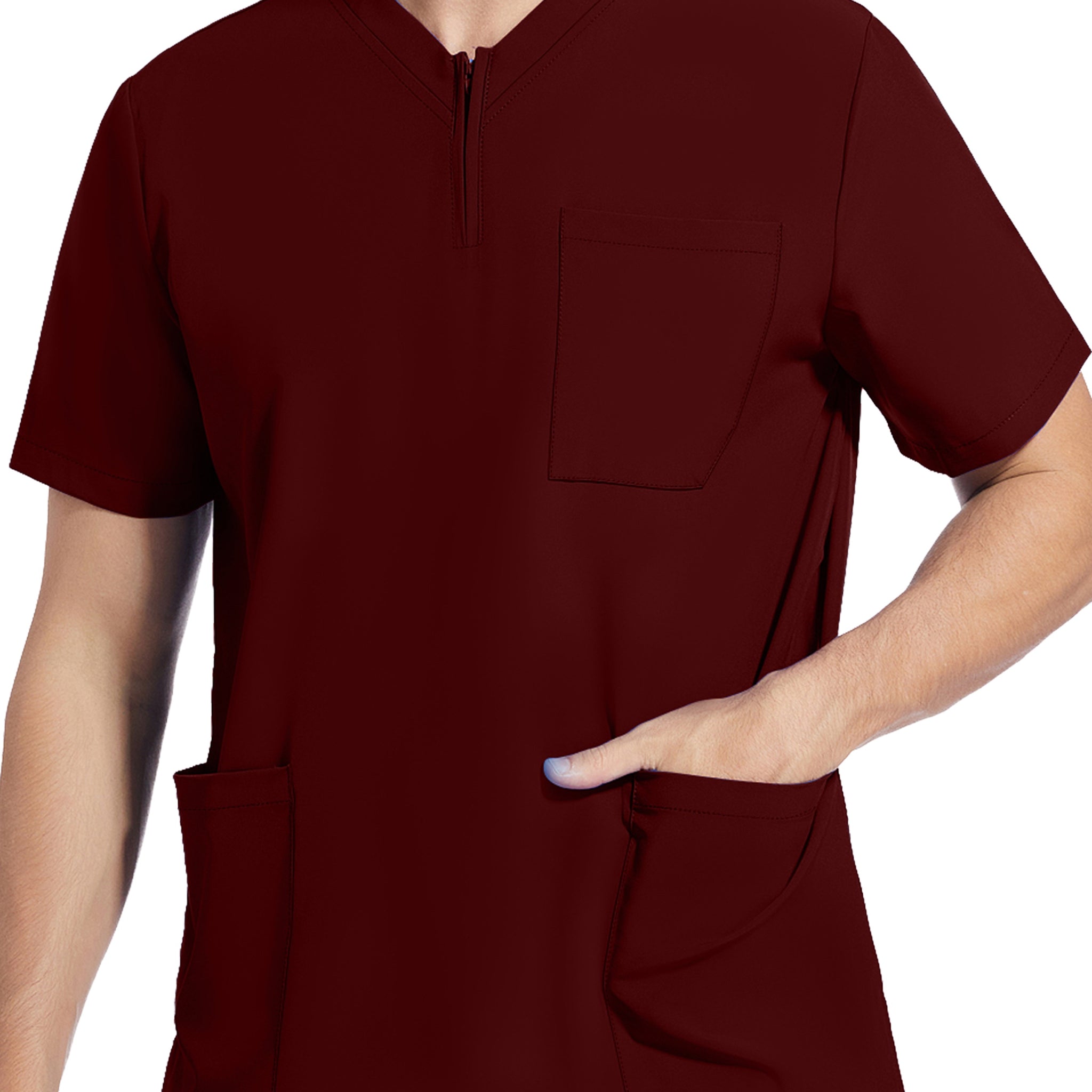 SAASHI Men's Burgundy Short Sleeve Lab Coat, V-neck Work Uniform Shirt