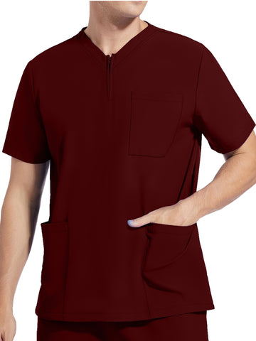 SAASHI Men's Burgundy Short Sleeve Lab Coat, V-neck Work Uniform Shirt