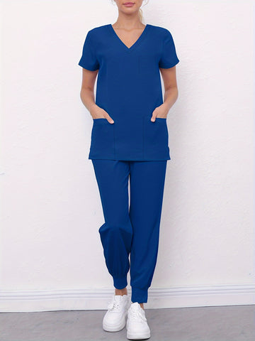 SAASHI Royal Blue Medical Scrub Set - V Neck Top With Pockets & Pants