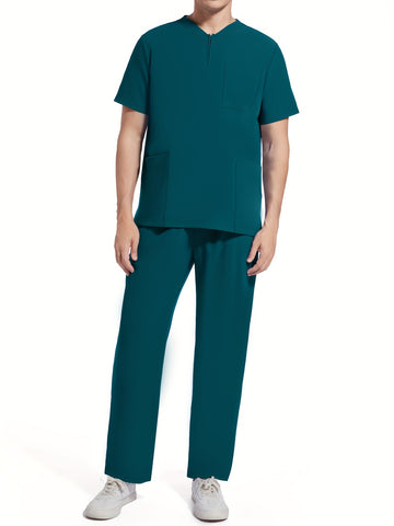 SAASHI Dark Green Men's Summer Workwear Set - V-Neck Top & Pants Outfit