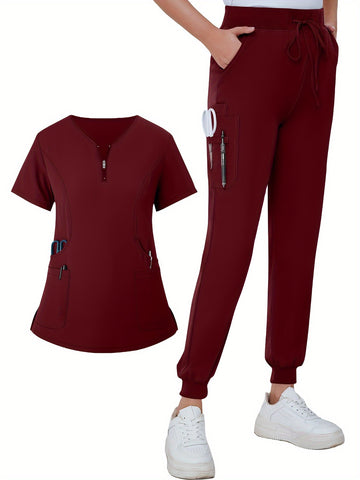 SAASHI Burgundy Solid Scrub Set - V Neck Zipper Top & Drawstring Pants