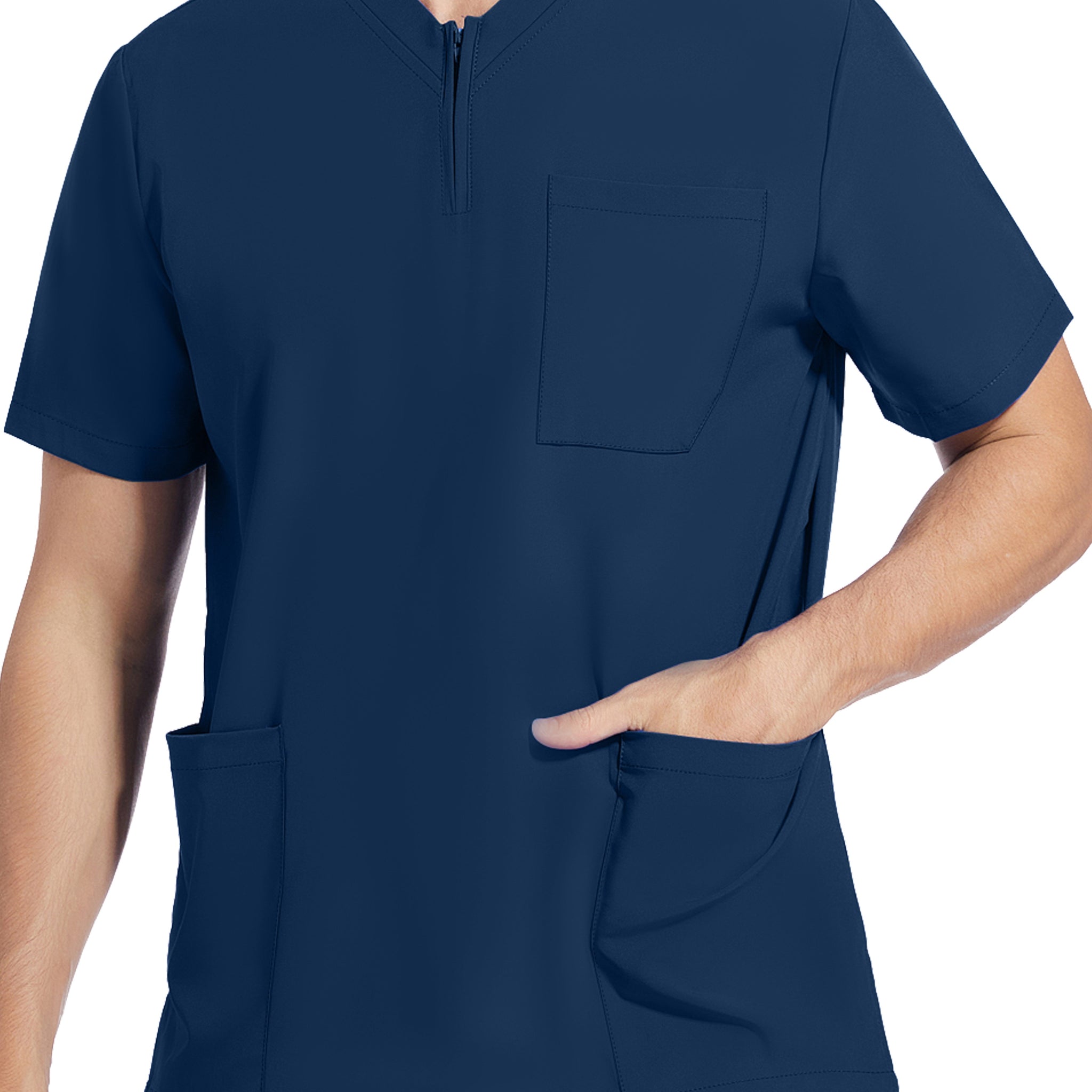 SAASHI Men's Navy Blue Short Sleeve Lab Coat, V-neck Work Uniform Shirt