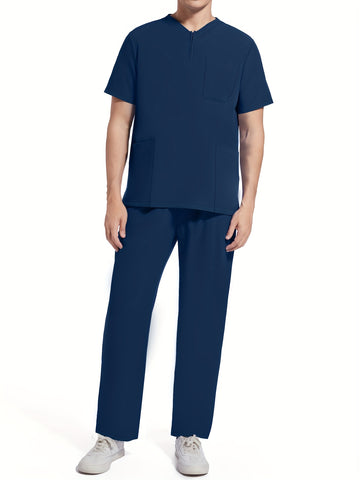 SAASHI Navy Blue Men's Summer Workwear Set - V-Neck Top & Pants Outfit