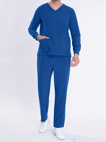 SAASHI Men's Royal Blue Workwear V-neck Scrub Set - Long Sleeve Tops & Pants for Clinics
