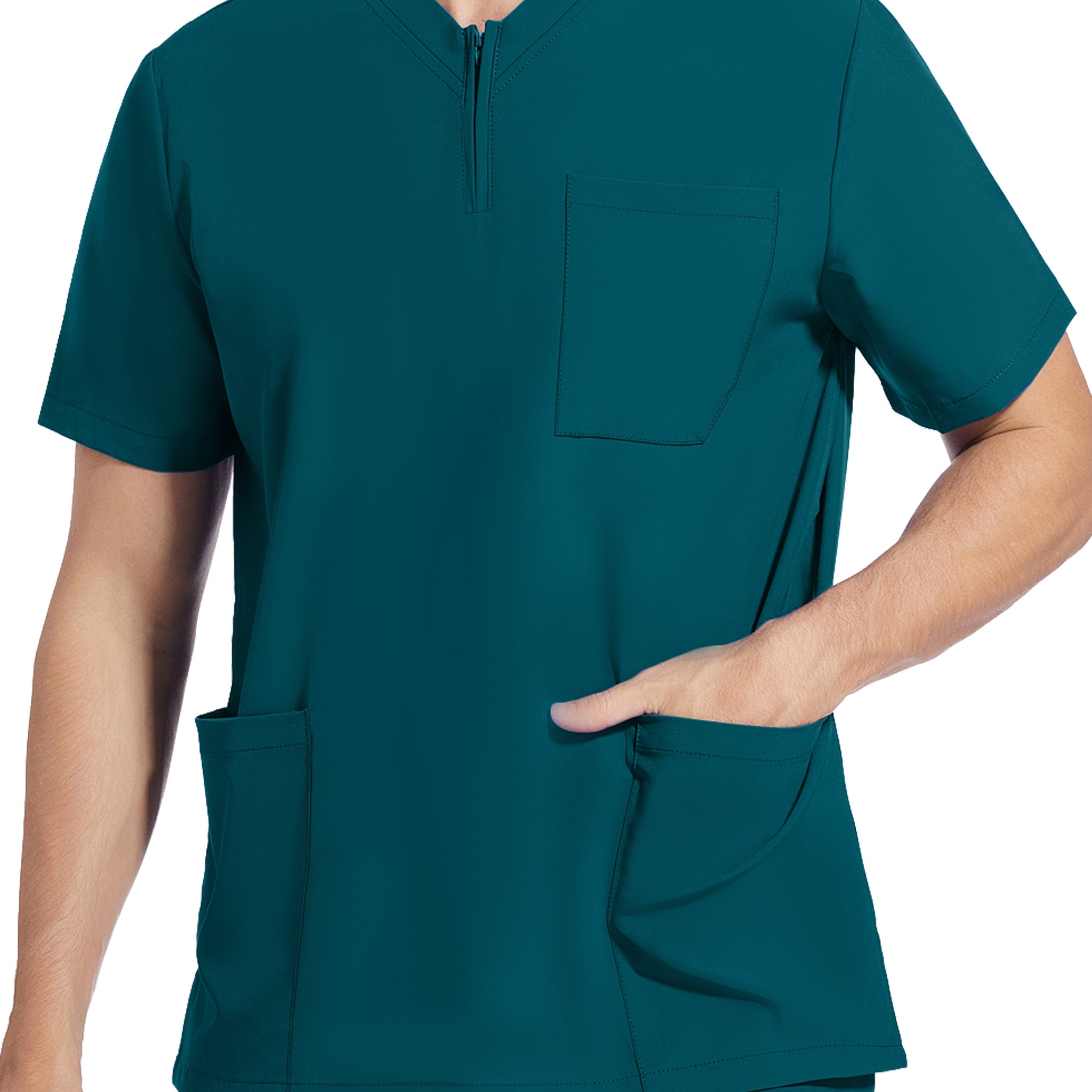 SAASHI Men's Dark Green Short Sleeve Lab Coat, V-neck Work Uniform Shirt