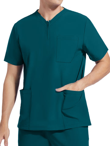 SAASHI Men's Dark Green Short Sleeve Lab Coat, V-neck Work Uniform Shirt