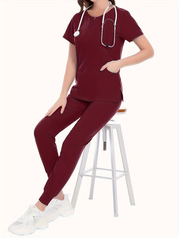 SAASHI  Burgundy Nurse Work Set - Crew Neck Scrub Top & Pants Outfit