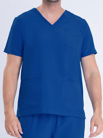 SAASHI Men's Royal Blue V-neck Short Sleeve Uniform Shirt, Basic Style, Breathable