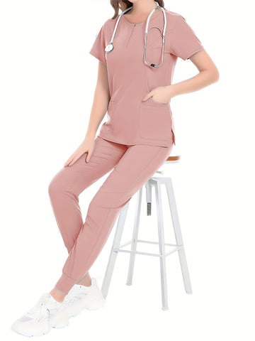 SAASHI Pink Nurse Work Set - Crew Neck Scrub Top & Pants Outfit
