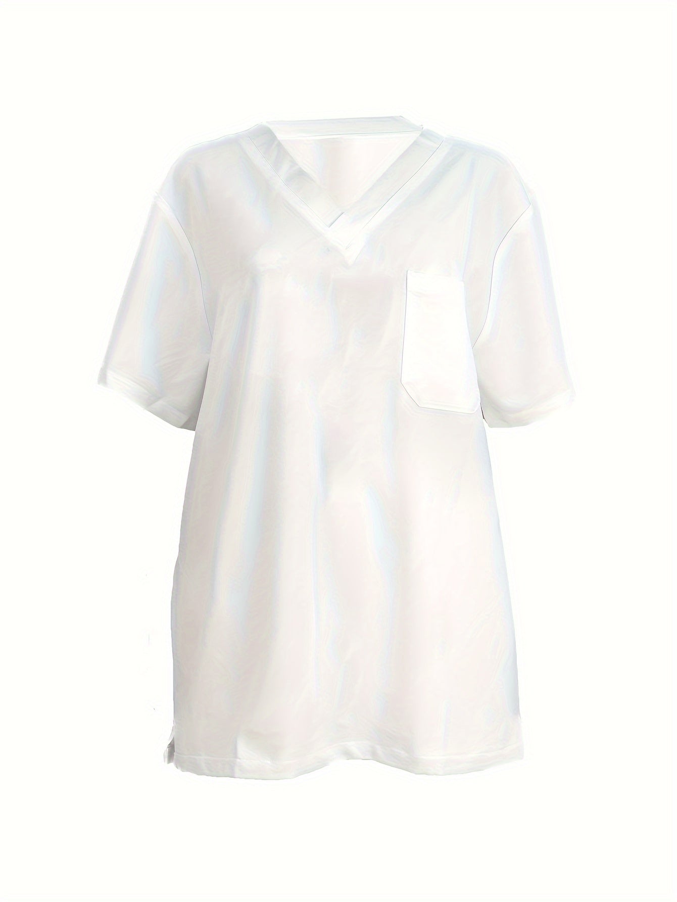 SAASHI Men's White V-neck Pullover Shirt, Solid Color Scrub with Breasted Pocket