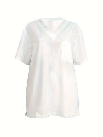 SAASHI Men's White V-neck Pullover Shirt, Solid Color Scrub with Breasted Pocket