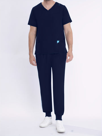 SAASHI Men's Navy Blue Utility Workwear Set - Breathable V-neck Top & Joggers