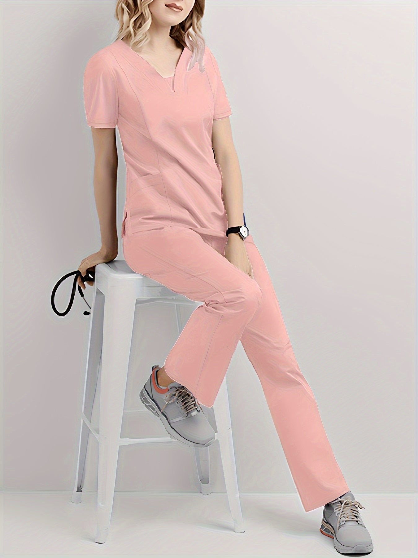 SAASHI Pink Casual Scrub Set - V Neck Short Sleeve Top & Pants