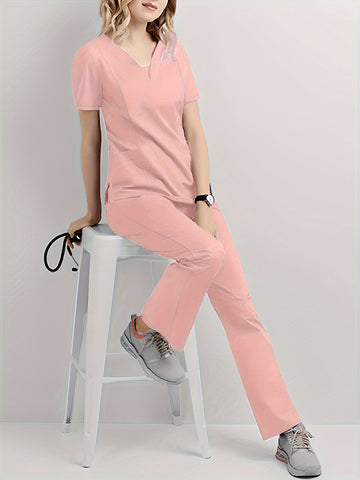 SAASHI Pink Casual Scrub Set - V Neck Short Sleeve Top & Pants