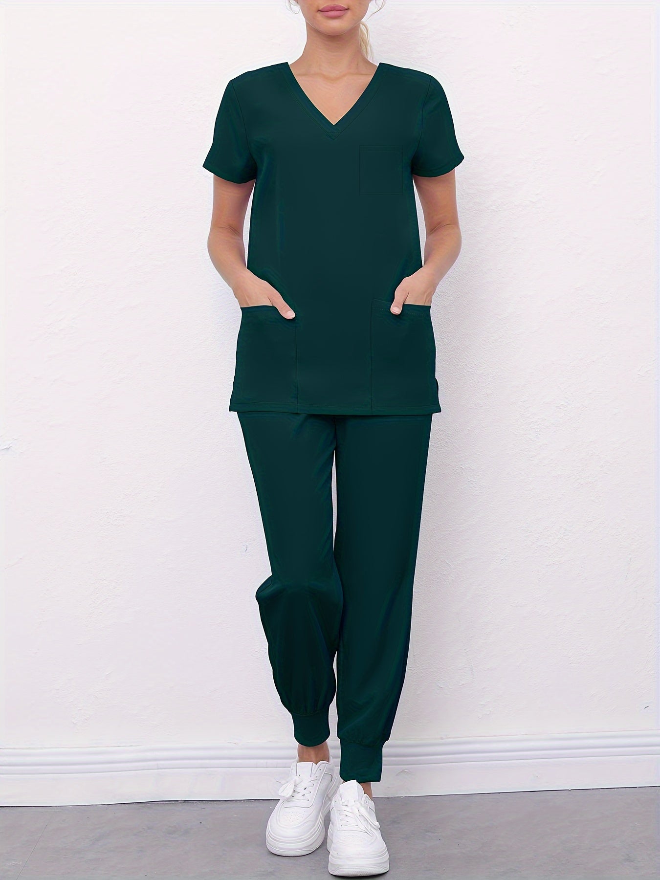 SAASHI Dark Green Medical Scrub Set - V Neck Top With Pockets & Pants