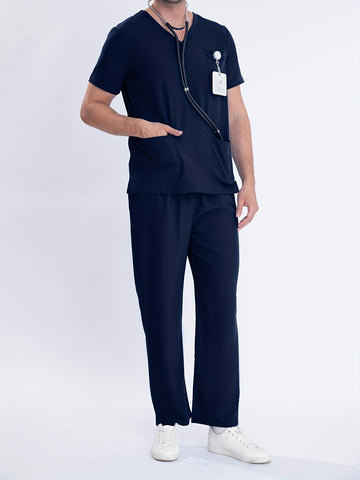 SAASHI Men's Navy Blue Solid Summer Workwear - V-neck Top & Pants Set