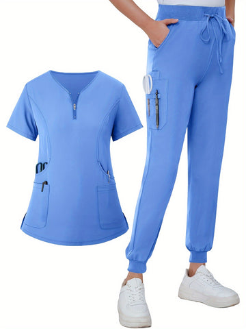 SAASHI Sky Blue Solid Scrub Set - V Neck Zipper Top & Drawstring Pants