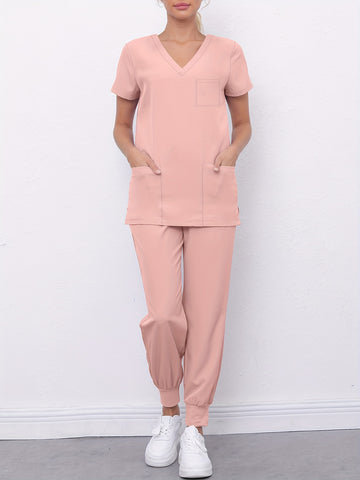 SAASHI Pink Medical Scrub Set - V Neck Top With Pockets & Pants