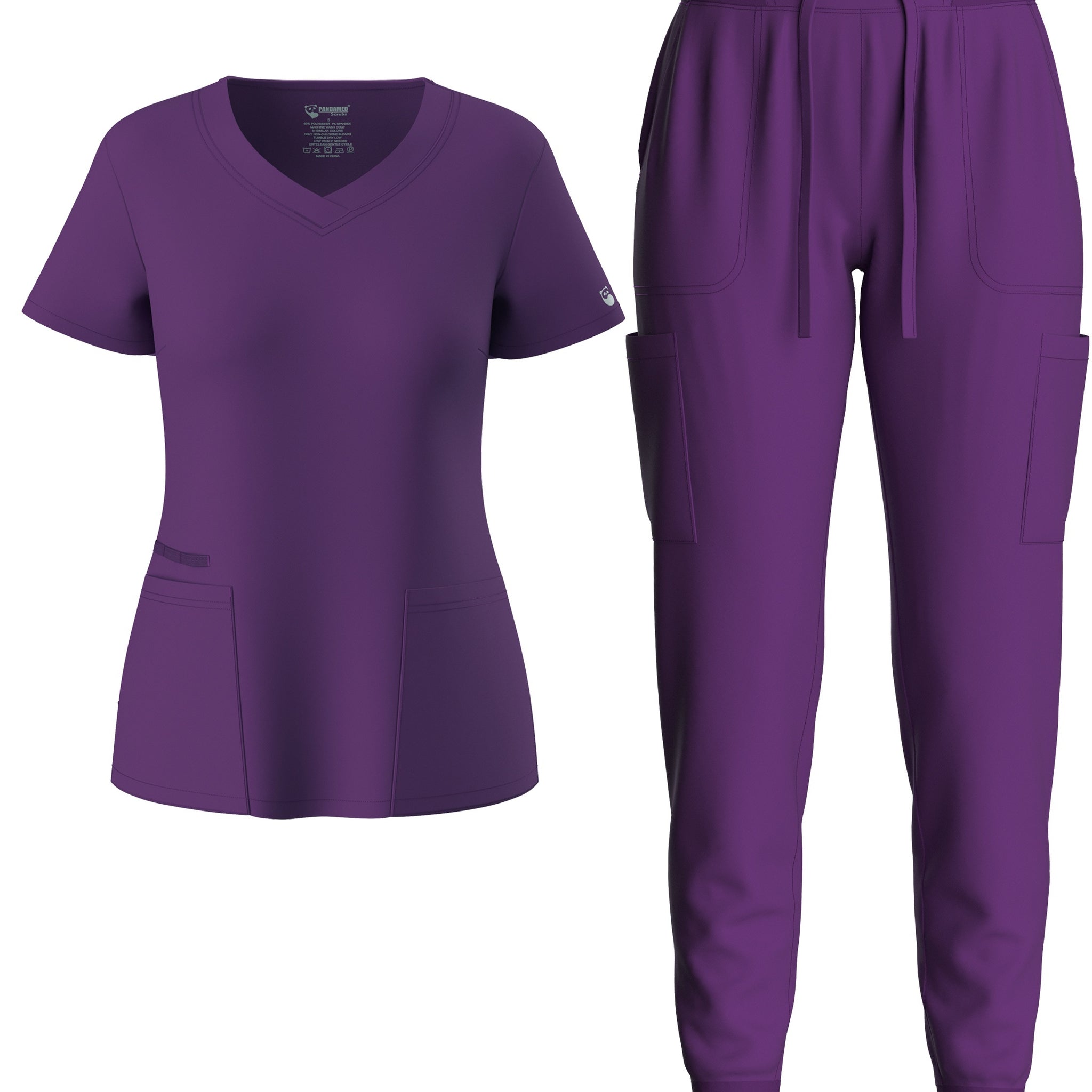 SAASHI Solid Purple Scrub Set - V Neck Top & Drawstring Pants Outfit