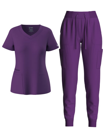 SAASHI Solid Purple Scrub Set - V Neck Top & Drawstring Pants Outfit